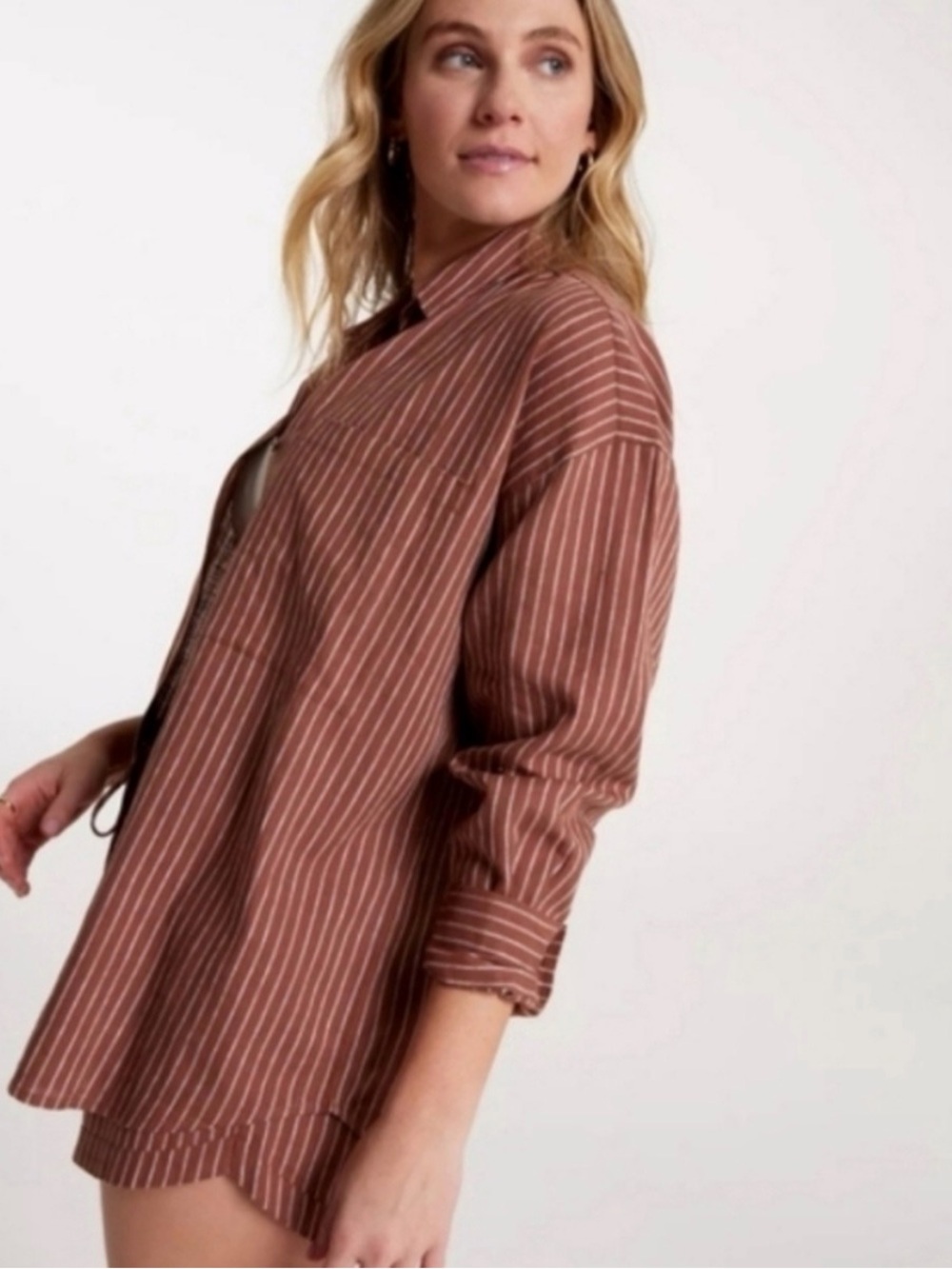 CALIA Brown Stripe Linen Blend Button Down Shirt XS